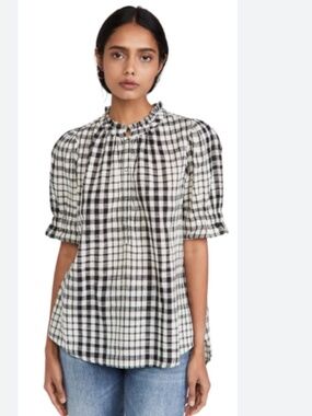 Apiece Apart Los Altos Checked Cotton Gauze Top Size XS
